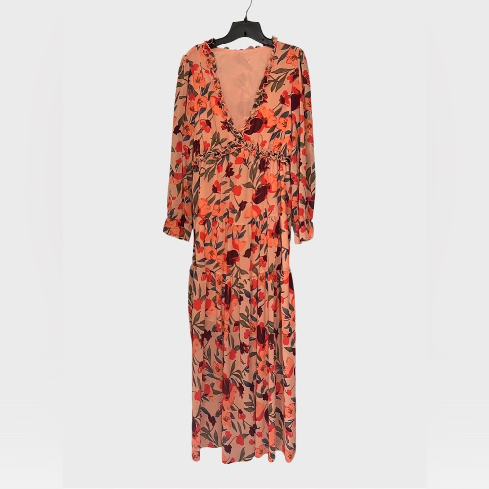 Long sleeved V neck floor length Fall flower pattern dress